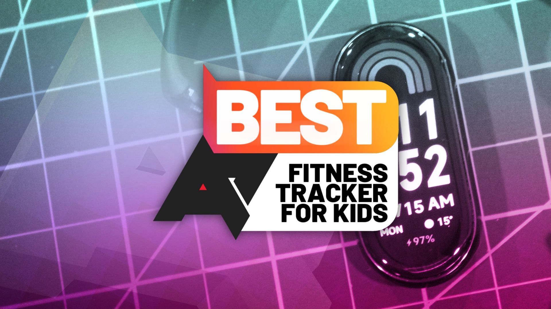 A photo of a fitness tracker body on a gridded background with an 'AP Best Fitness Tracker for Kids' logo in front