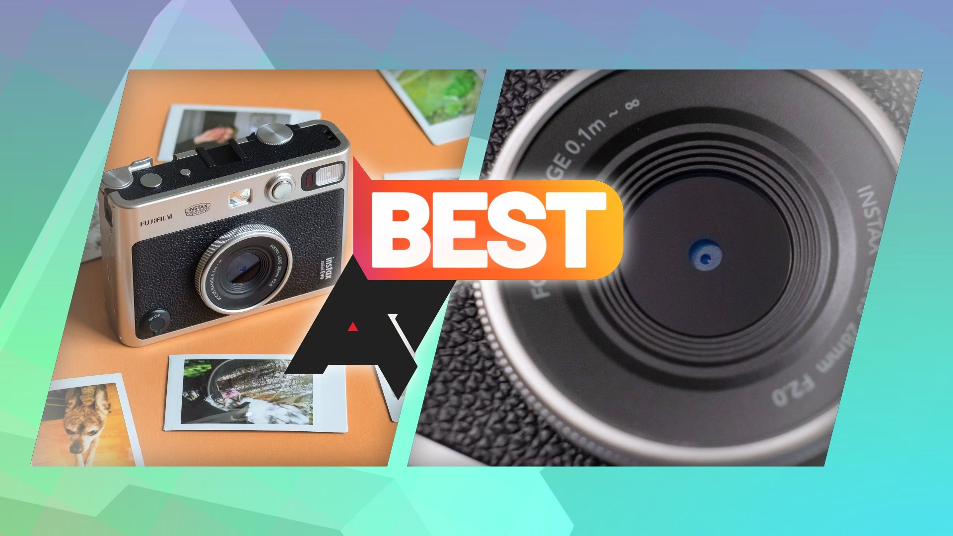 Two photos of a Fujifilm Instax instant camera with an 'AP Best' logo in front