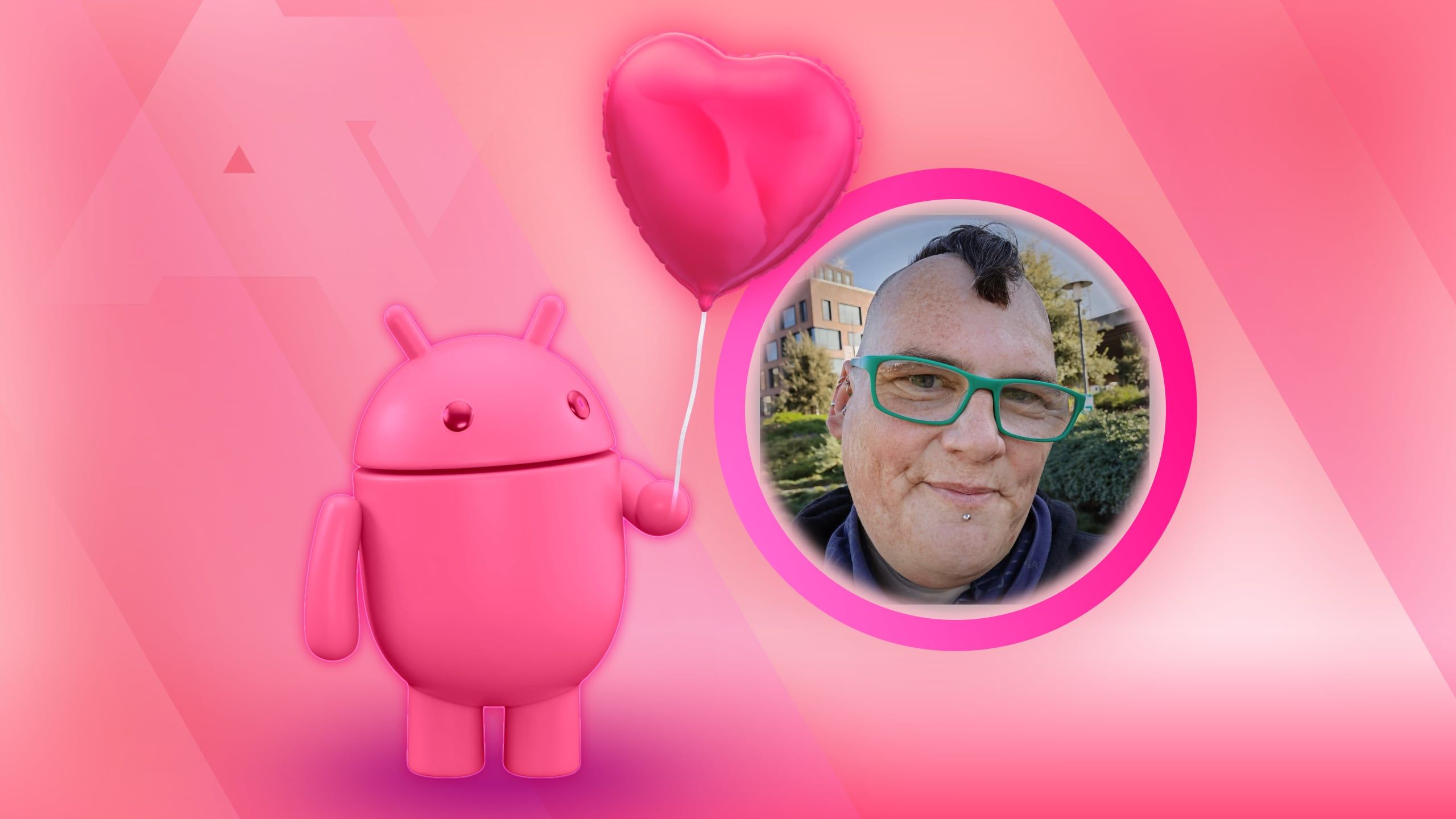 An Android mascot with a heart shaped ballon next to a portrait picture of Myriam Joire