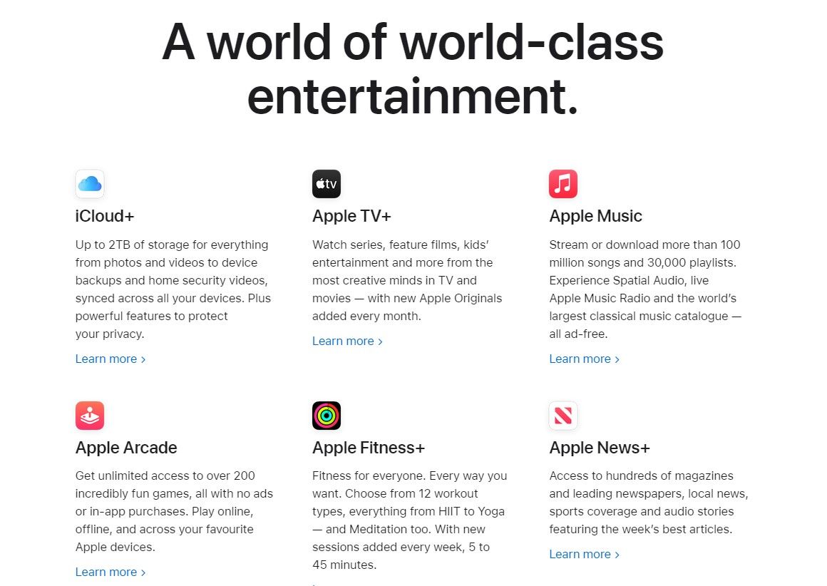 A screenshot of the Apple One subscription web page showing all the services it comes with.