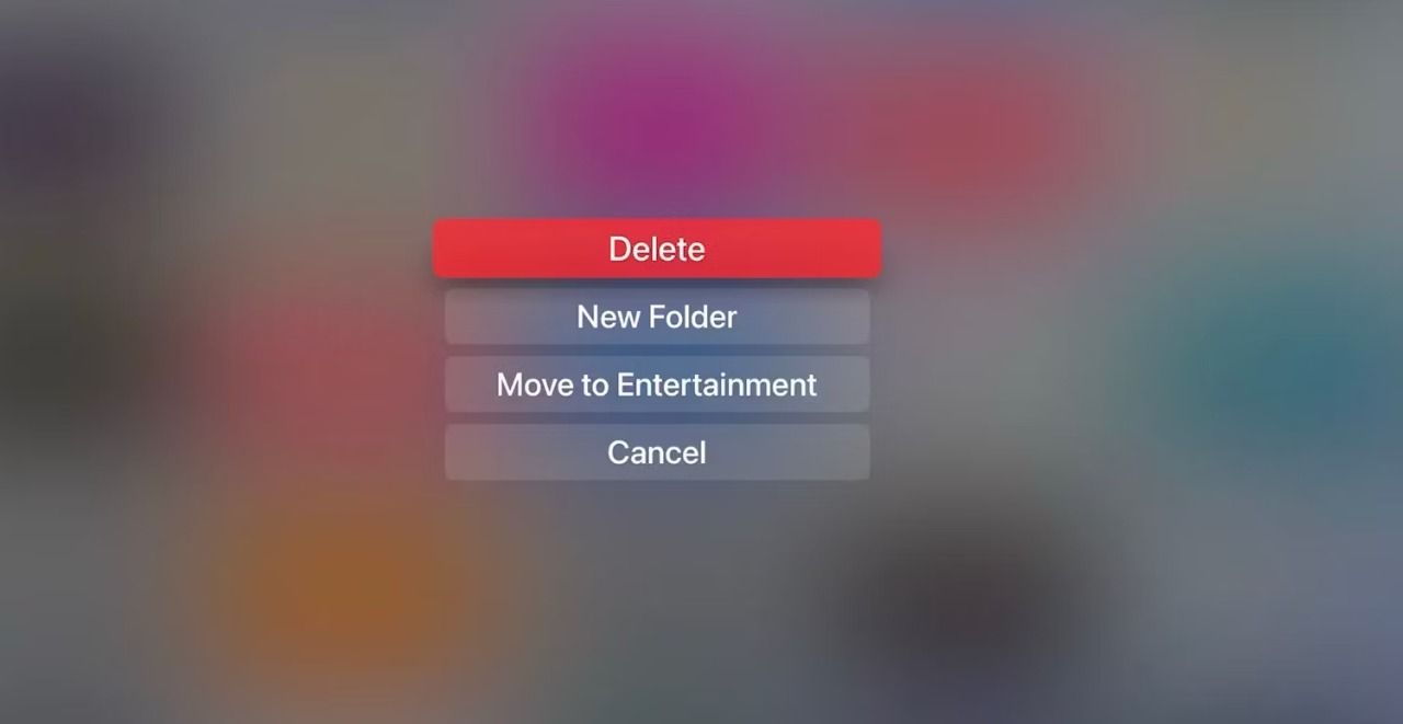 Screenshot showing the Delete option on Apple TV