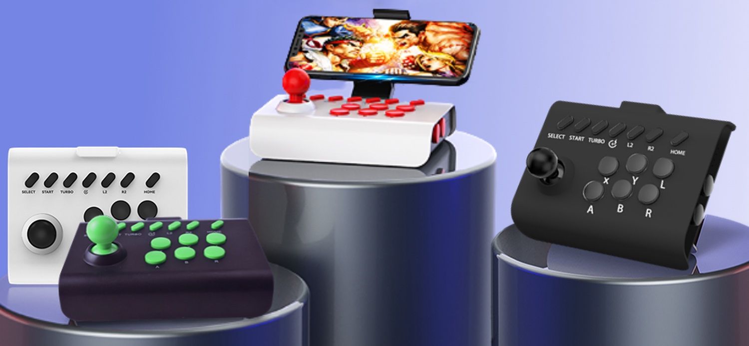 Bluetooth arcade controllers for Android against purple background