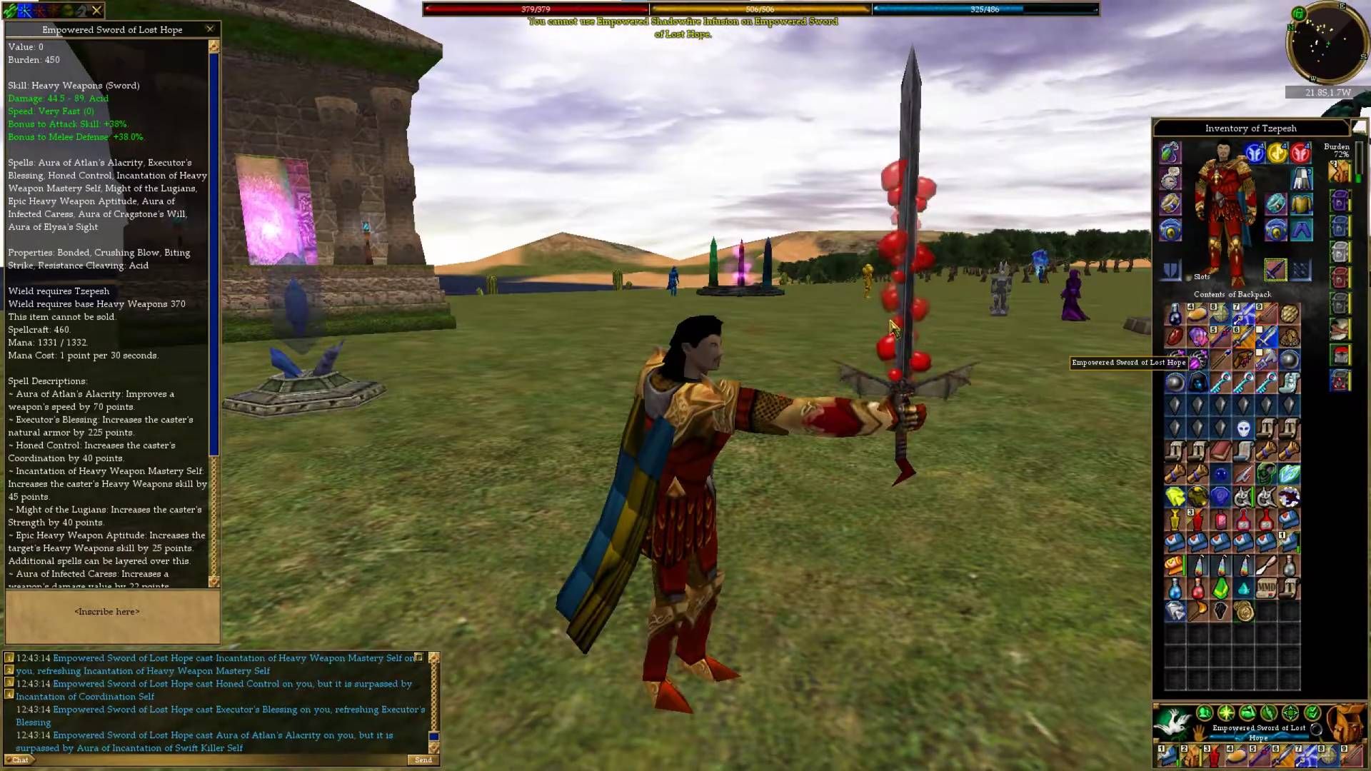 A screenshot of Asheron's Call of user Tzepesh holding the Sword of Lost Hope