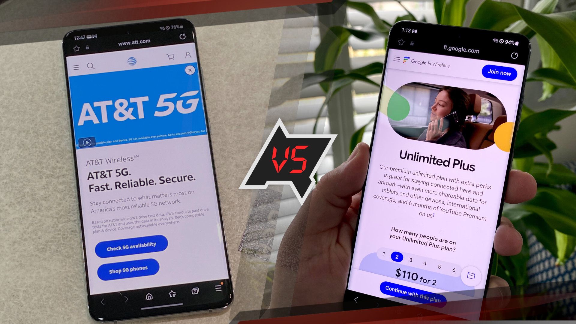AT&T vs. Google Fi with web pages on a Galaxy phone
