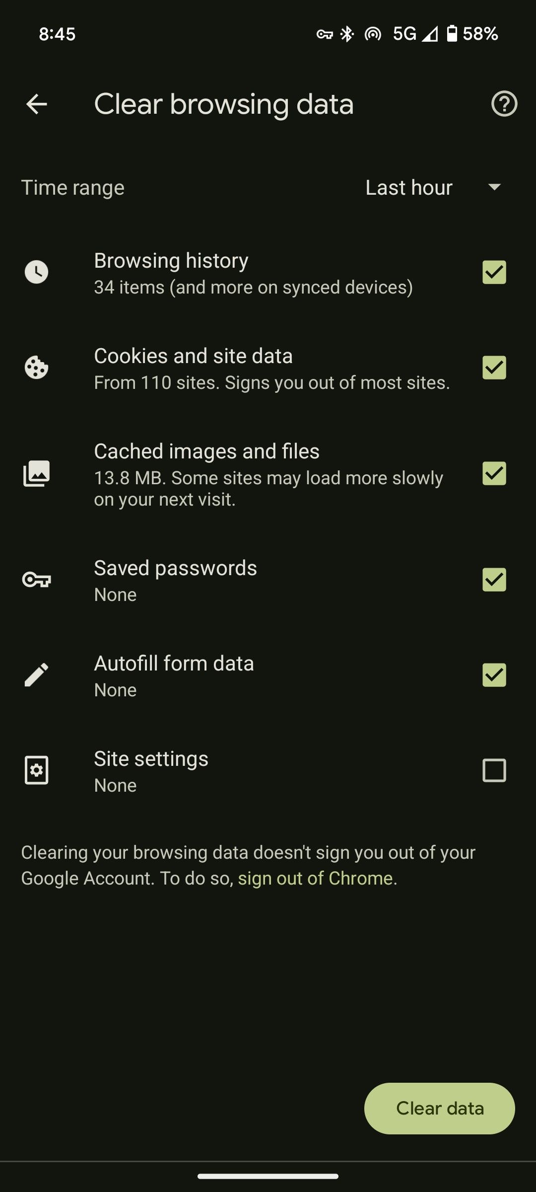 The Clear browsing data more options menu in the Chrome browser Android app