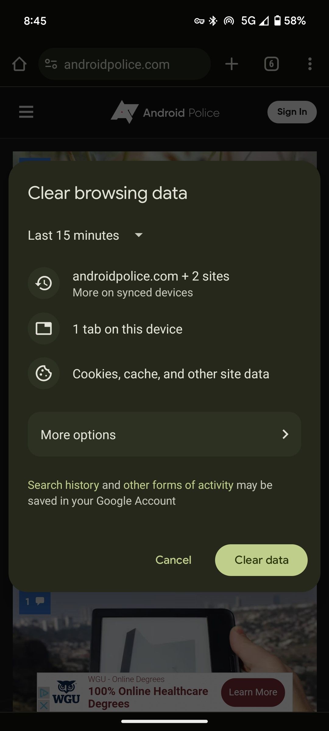 The Clear browsing data menu in the Chrome browser app on Android