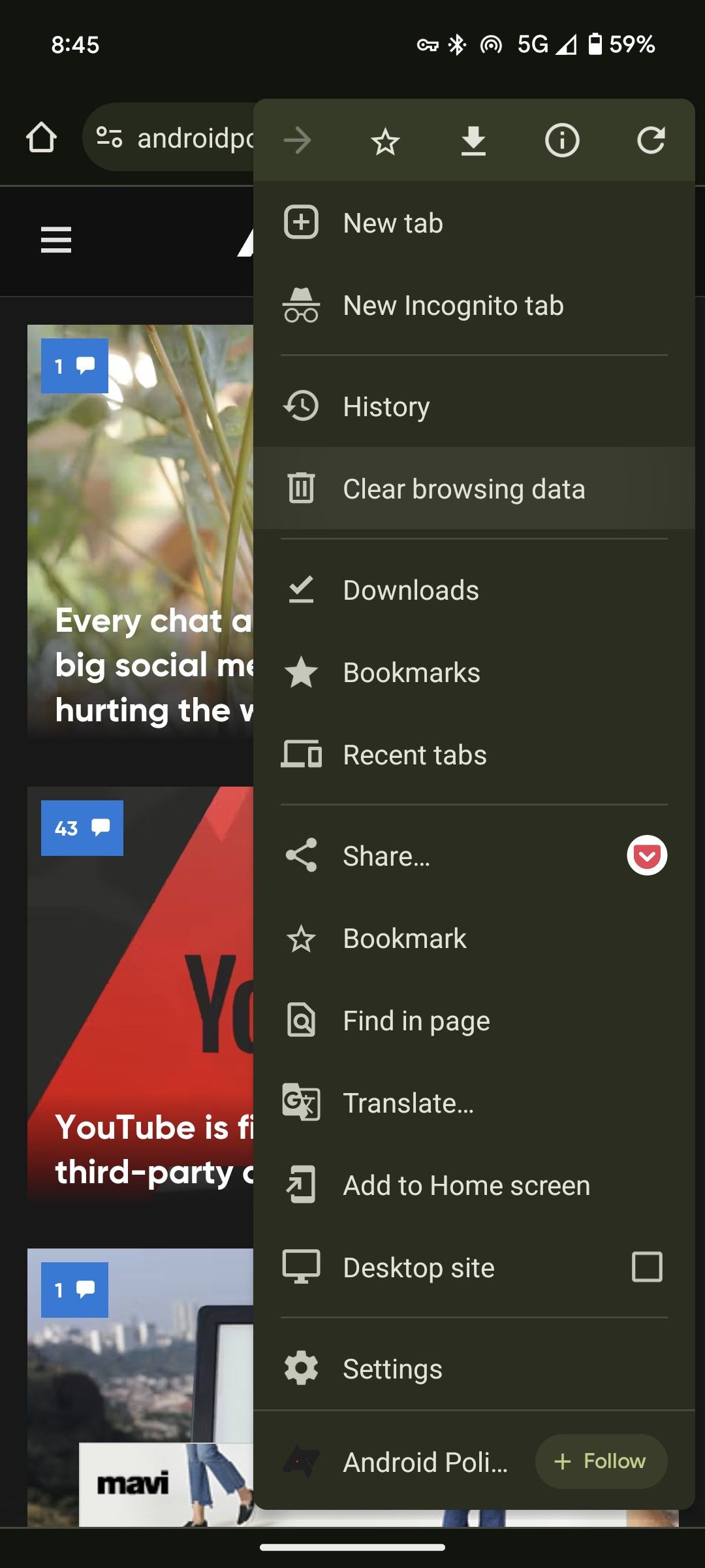 The AndroidPolice.com website in the Chrome browser Android app with the menu open and the "Clear browsing data" option highlighted