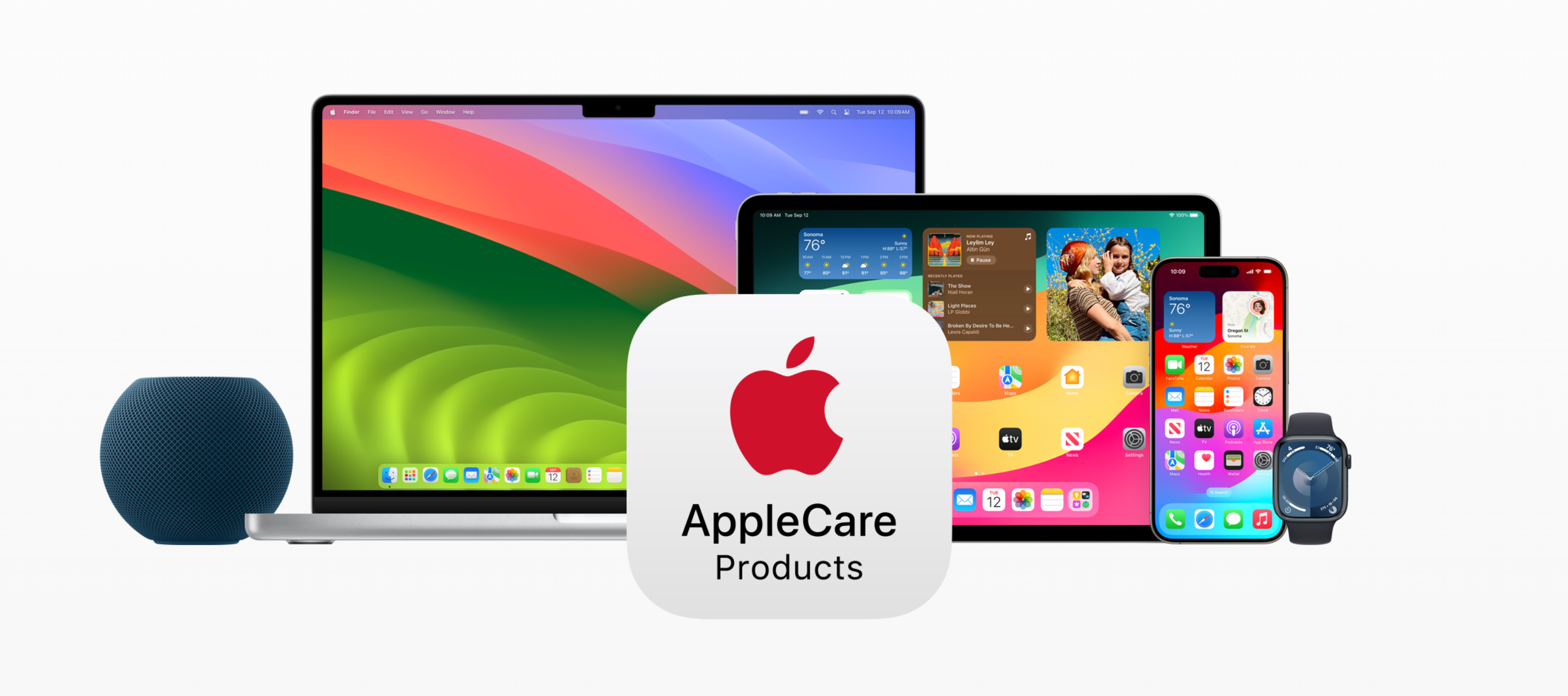An Apple ad showing the range of AppleCare-enabled products, including HomePod, Mac, iPad, Apple Watch and iPhone