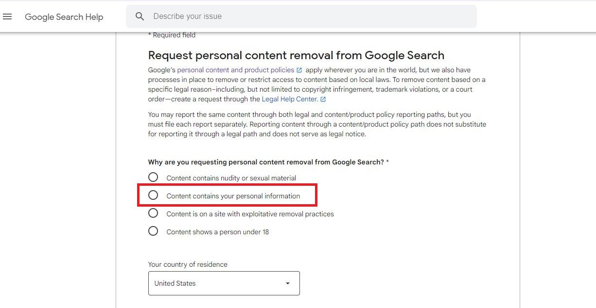 Screenshot highlighting 'Content contains your personal information' in Google's content removal form