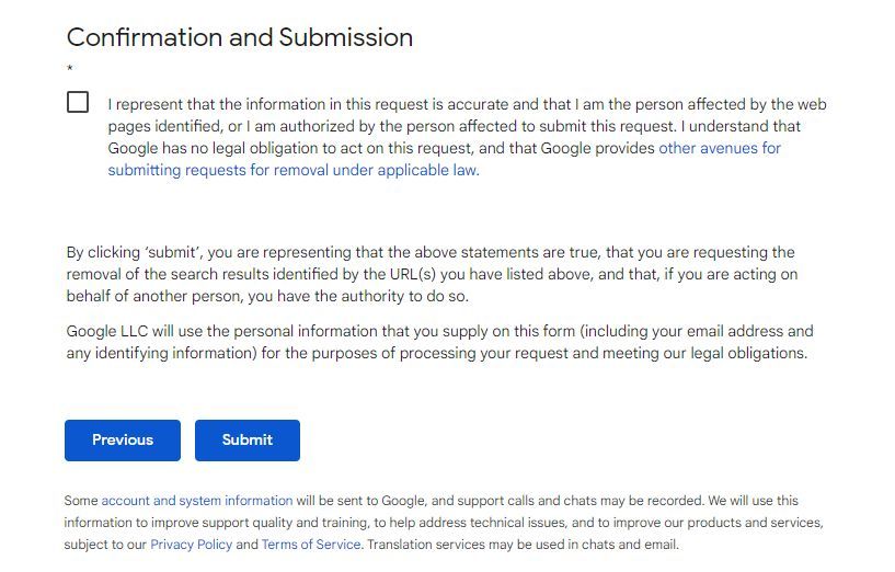 Screenshot showing the Submit button in Google's content removal form