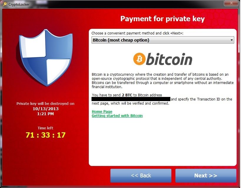 An image displaying a CryptoLocker ransomware payment window with a countdown timer, instructions for payment via Bitcoin, and navigation buttons for further information and confirmation steps.