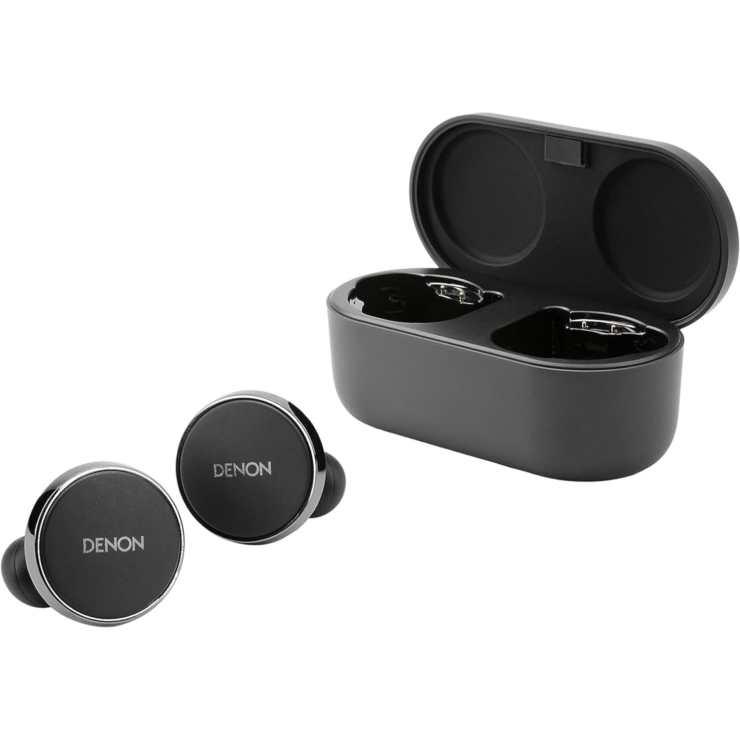 The Denon PerL Pro earbuds on a white background in front of the wireless charging case