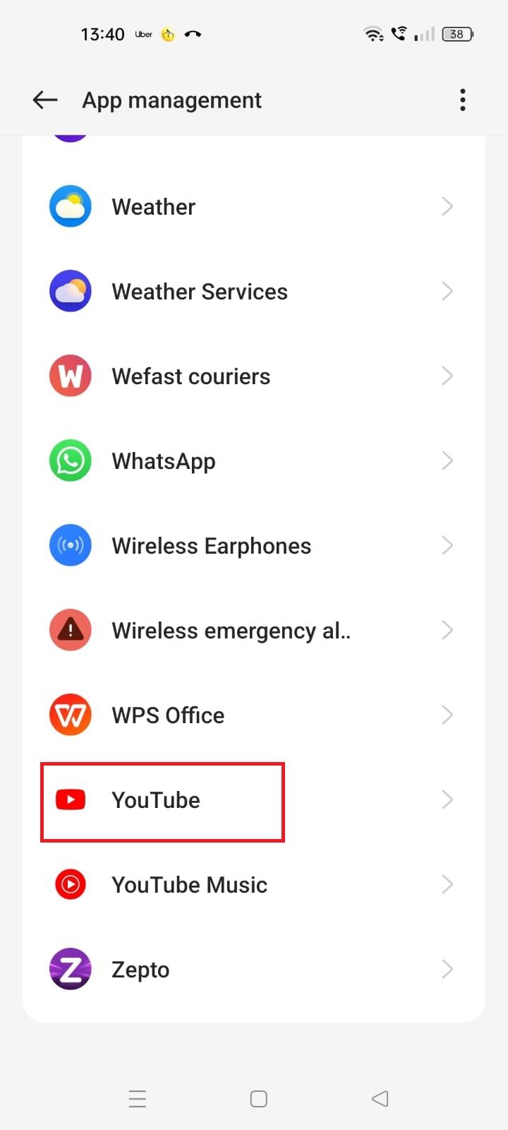 A screenshot highlighting the YouTube app under app management