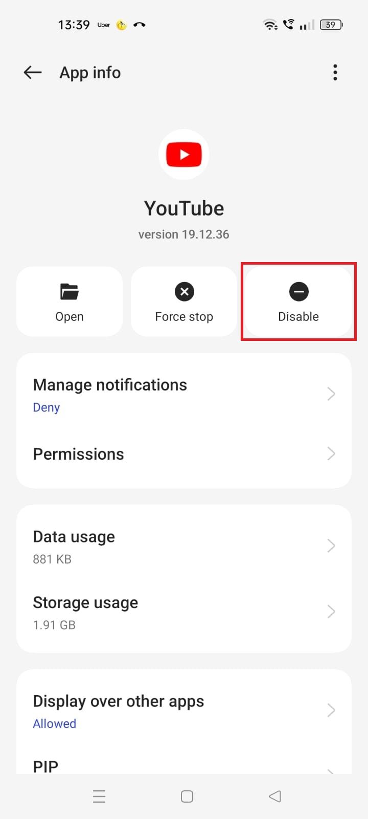 A screenshot highlighting the disable option under app info