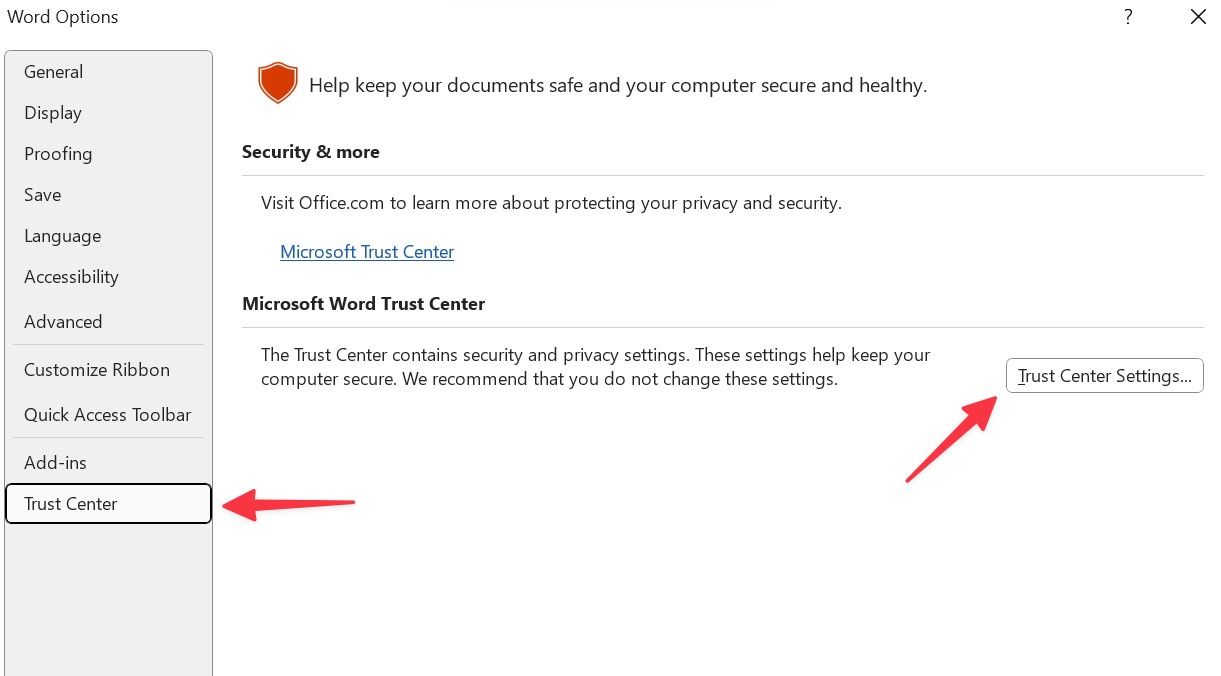 Trust center settings in Word