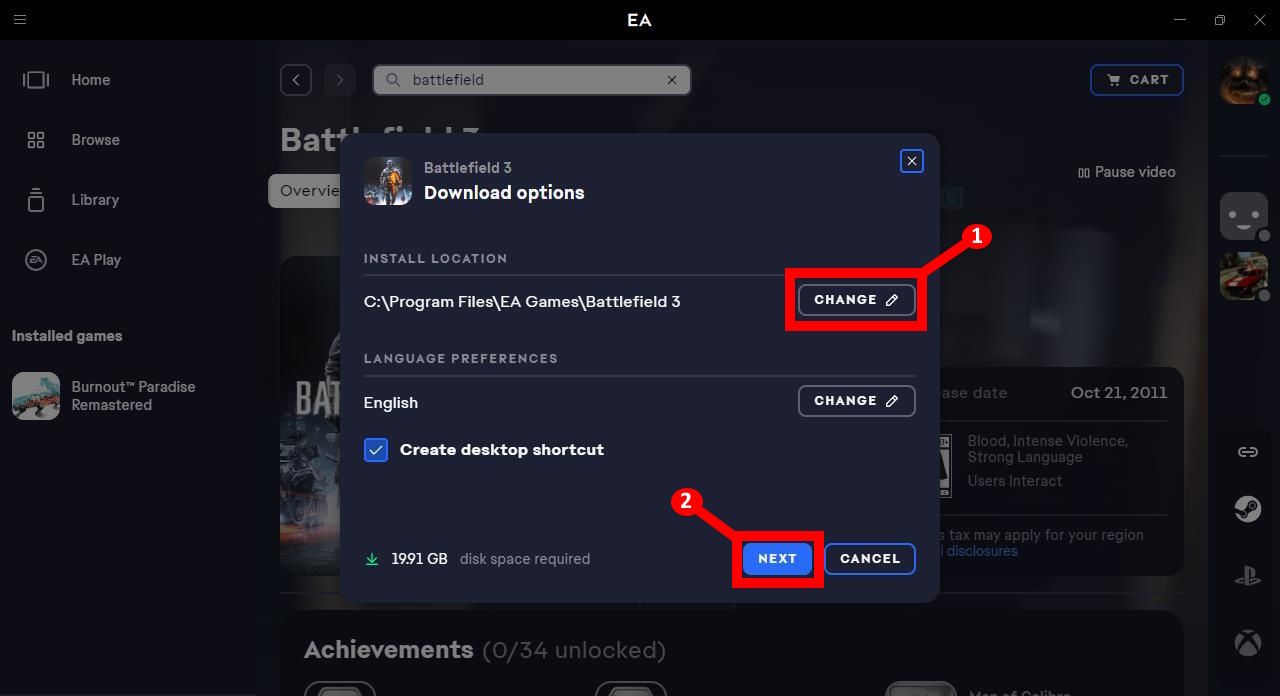 EA App new game install dialog window on asus rog ally showing next button and change button labels