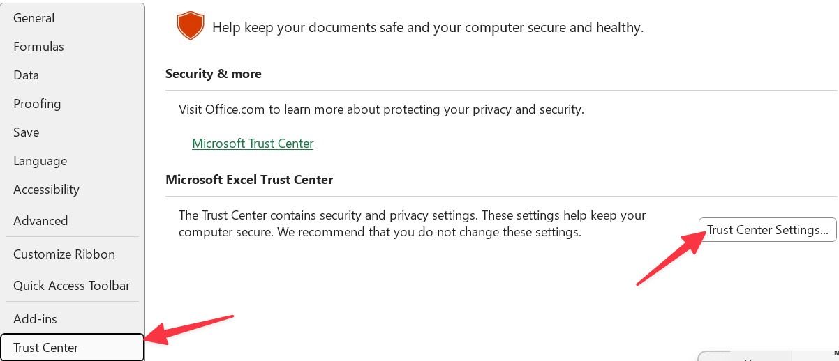 Microsoft Excel trust center settings