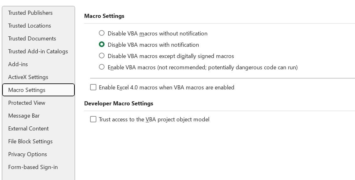 Microsoft Excel macro options