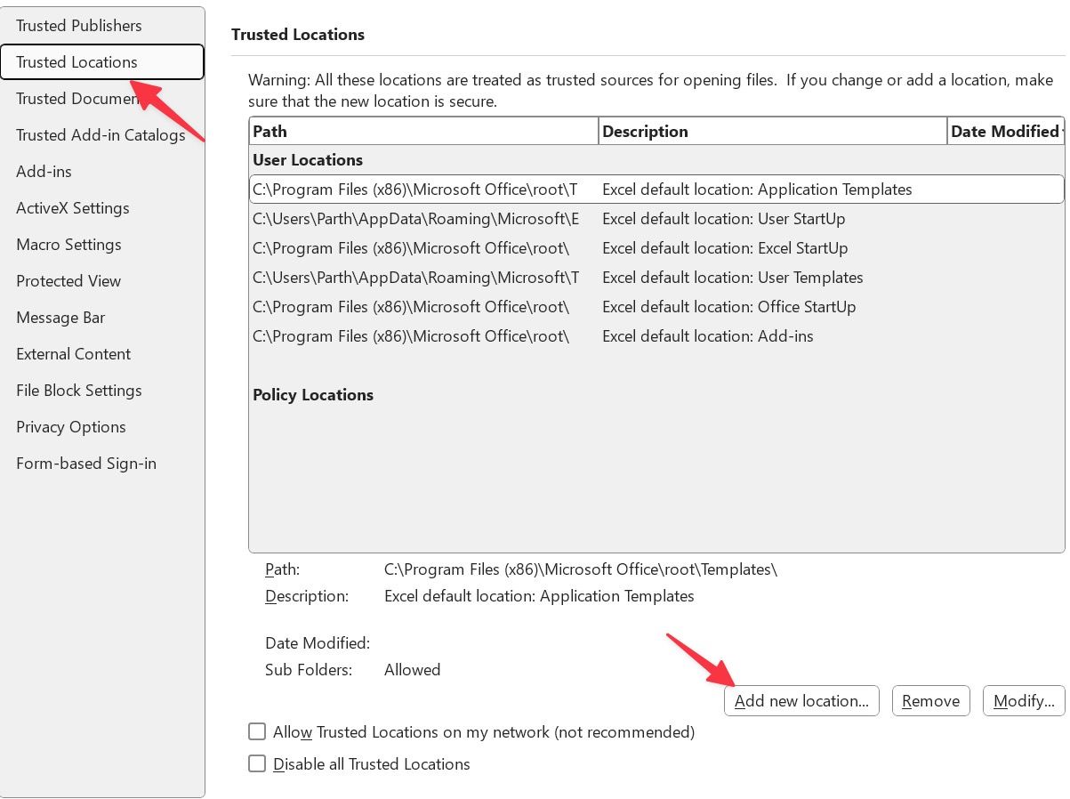 Trusted locations in Microsoft Excel