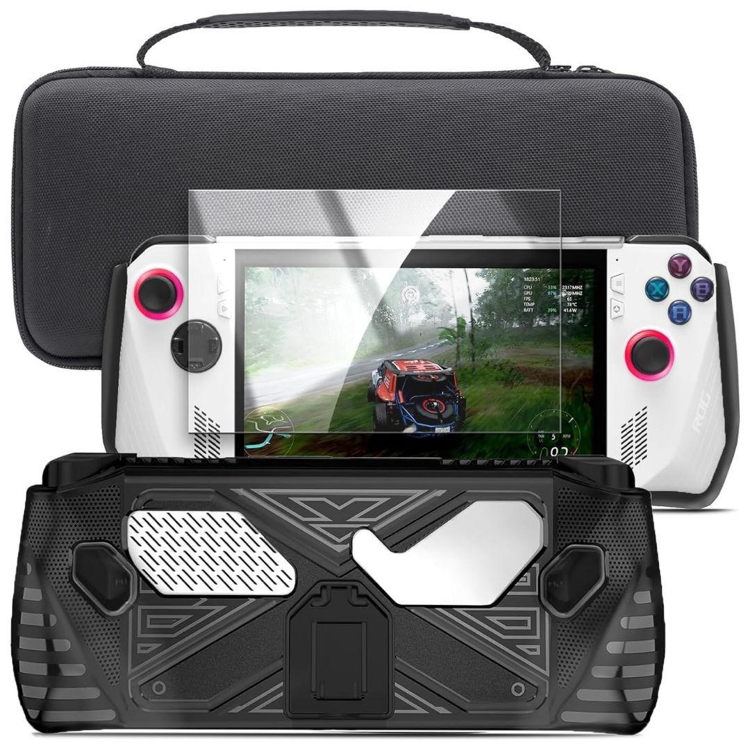 A handheld gaming console on top of a black carrying case and tempered glass