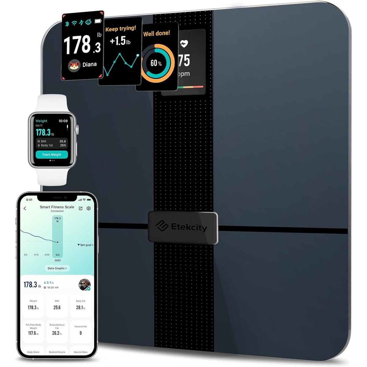 The Etekcity Apex Smart Scale and a smartphone against a white background