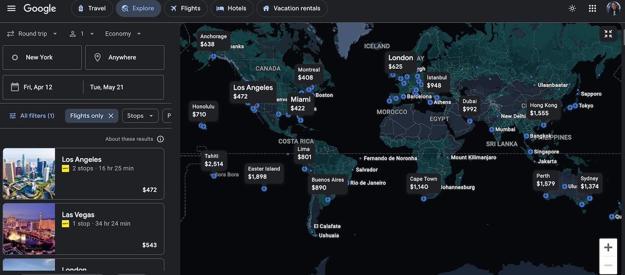 Explore menu on Google Flights website