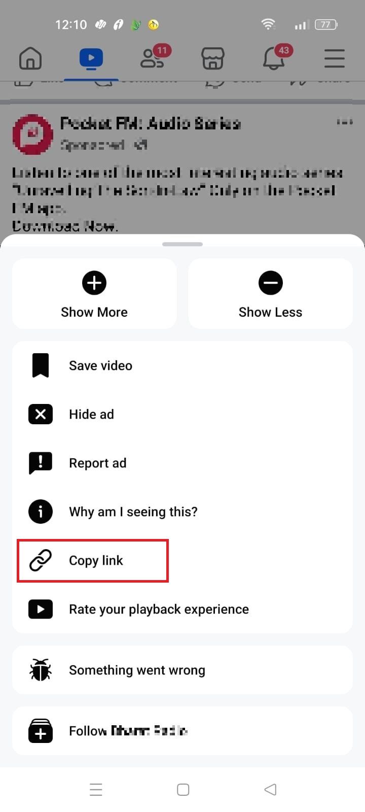 Screenshot highlighting the Copy link option on the Facebook app