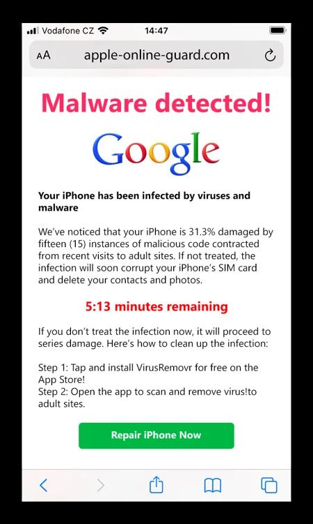  An image of a smartphone displaying a fake virus alert webpage, claiming "Malware detected!" and stating the iPhone is infected with viruses and malware