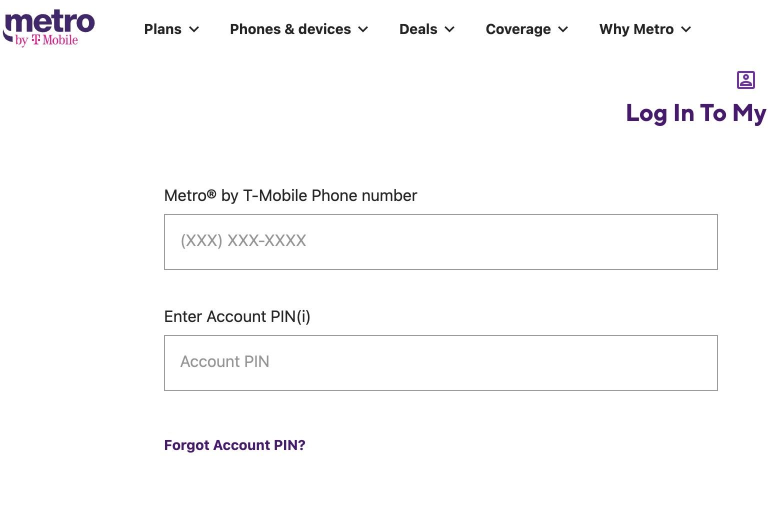 Login page for Metro by T-Mobile web version