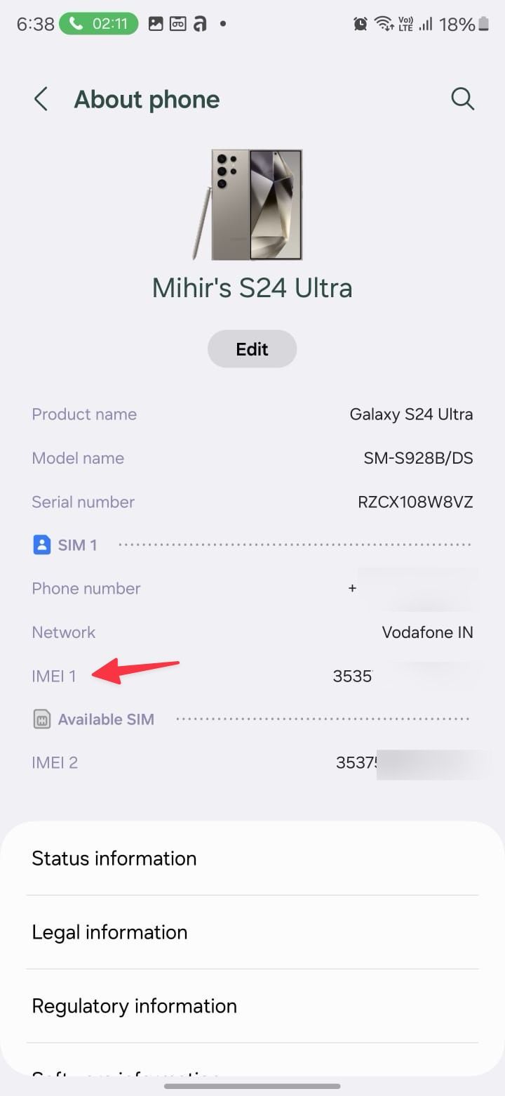IMEI number on Samsung phone