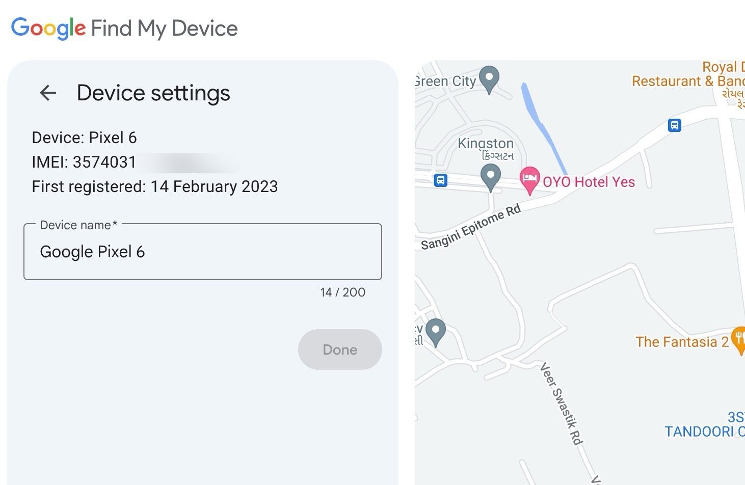 IMEI number on Find My device