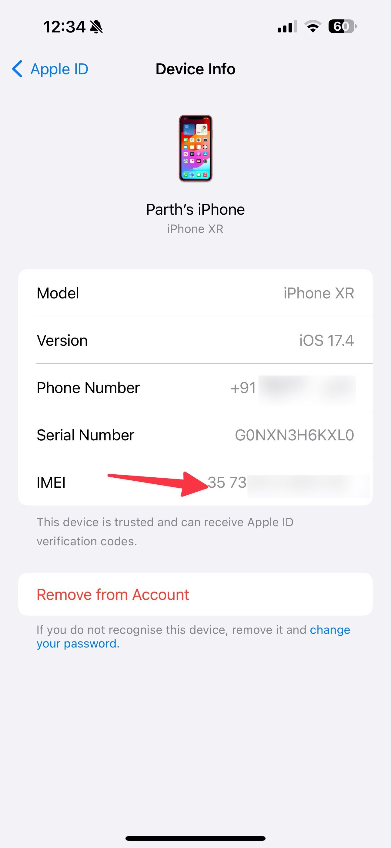 IMEI number on iPhone