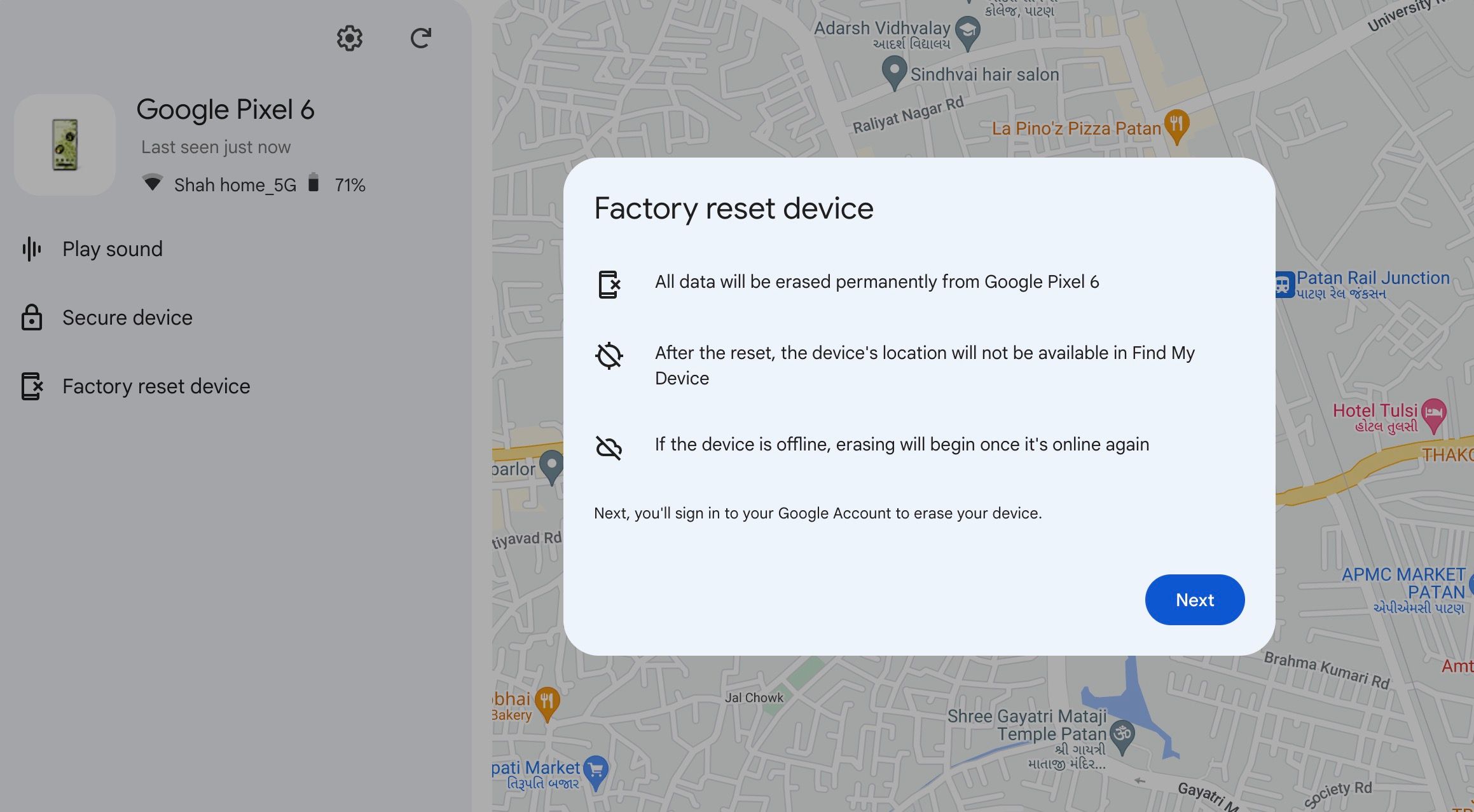 Factory reset phone with Google Find My Device