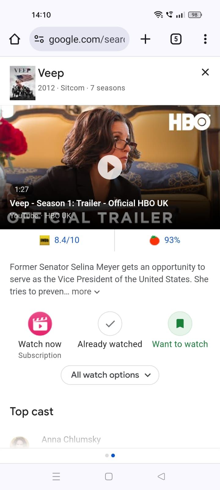 Screenshot showing the details of a show on the Google watchlist 