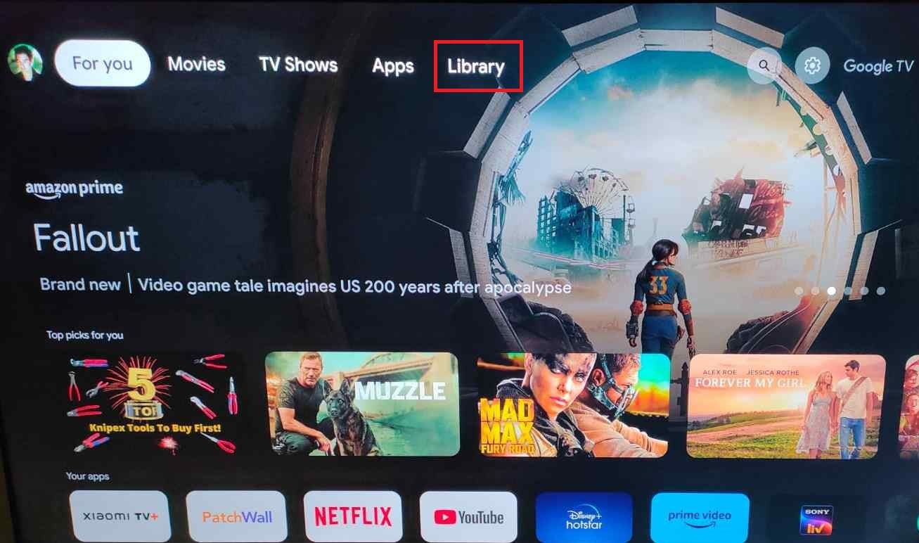 Screenshot highlighting the 'Library' tab on Google TV