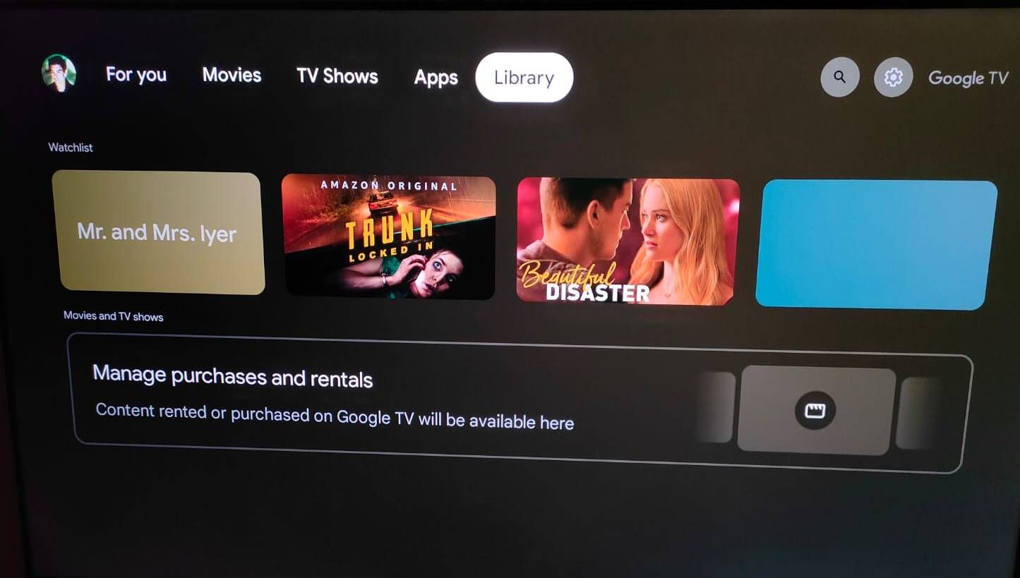 Screenshot showing the watchlist under Library on Google TV