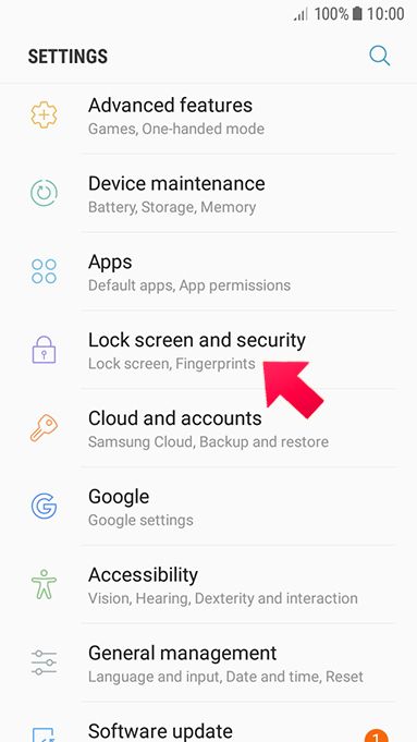 A screenshot of a smartphone settings menu highlighting the "Lock screen and security" option with a red arrow pointing at it.