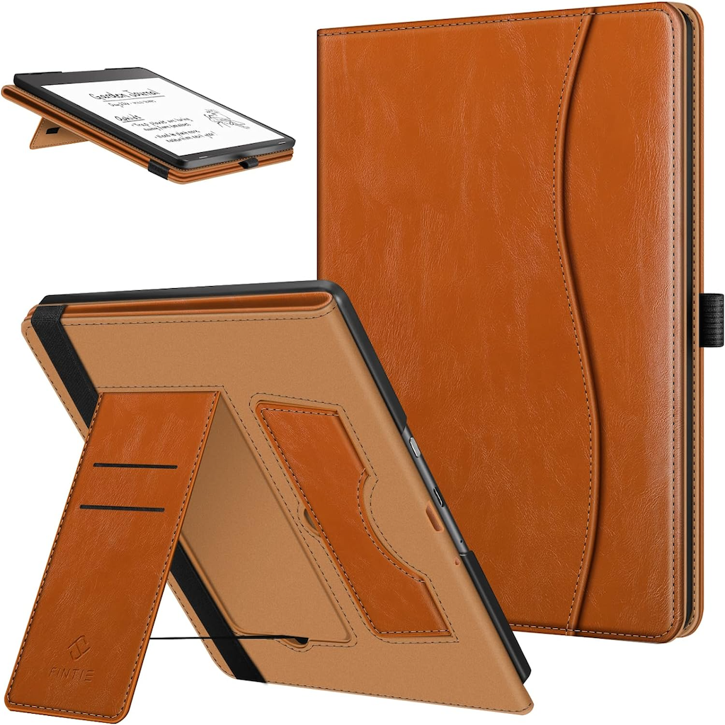 Brown leather Fintie Stand Case on Kindle Scribe