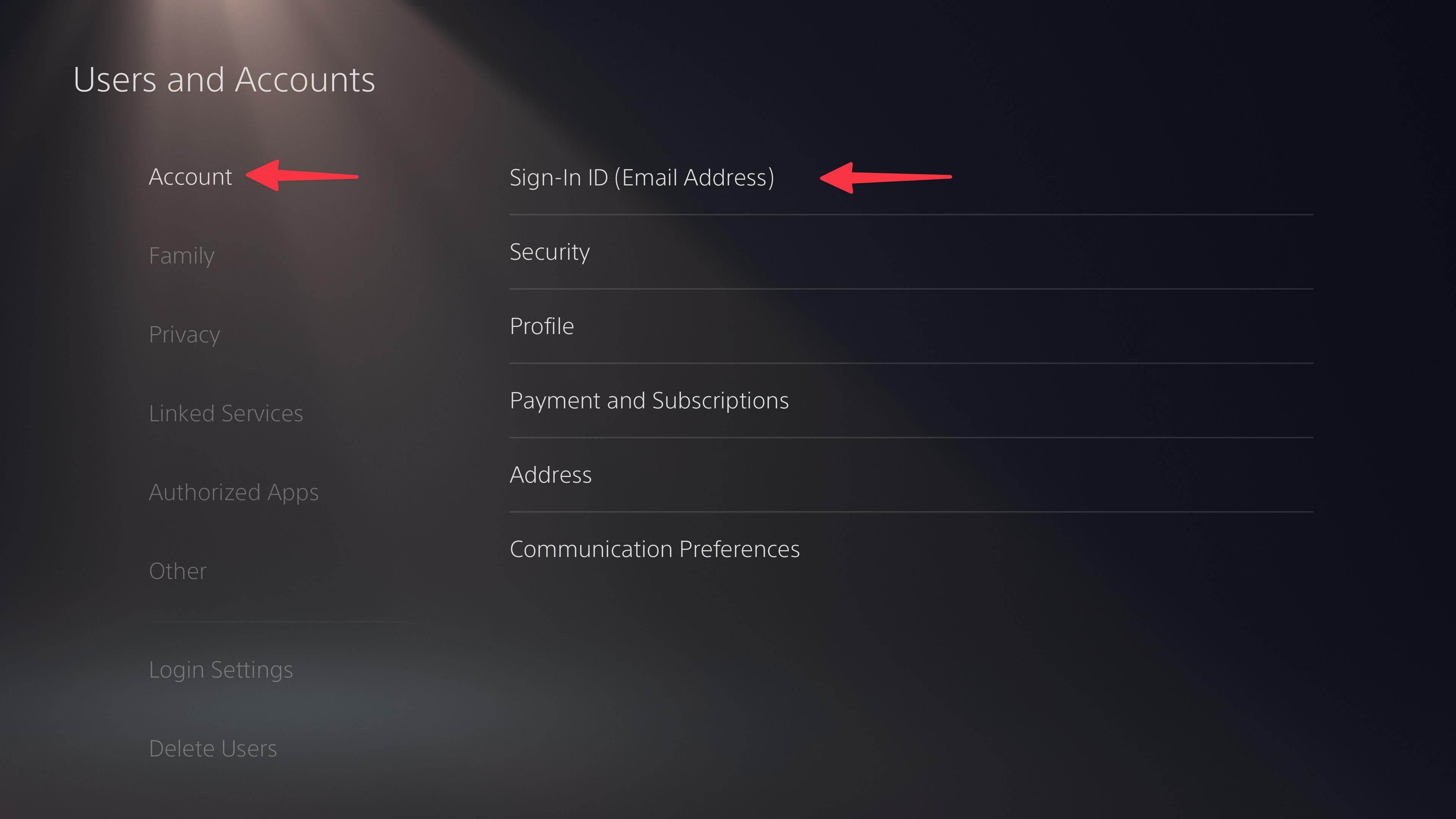 Accounts menu in PS5 settings