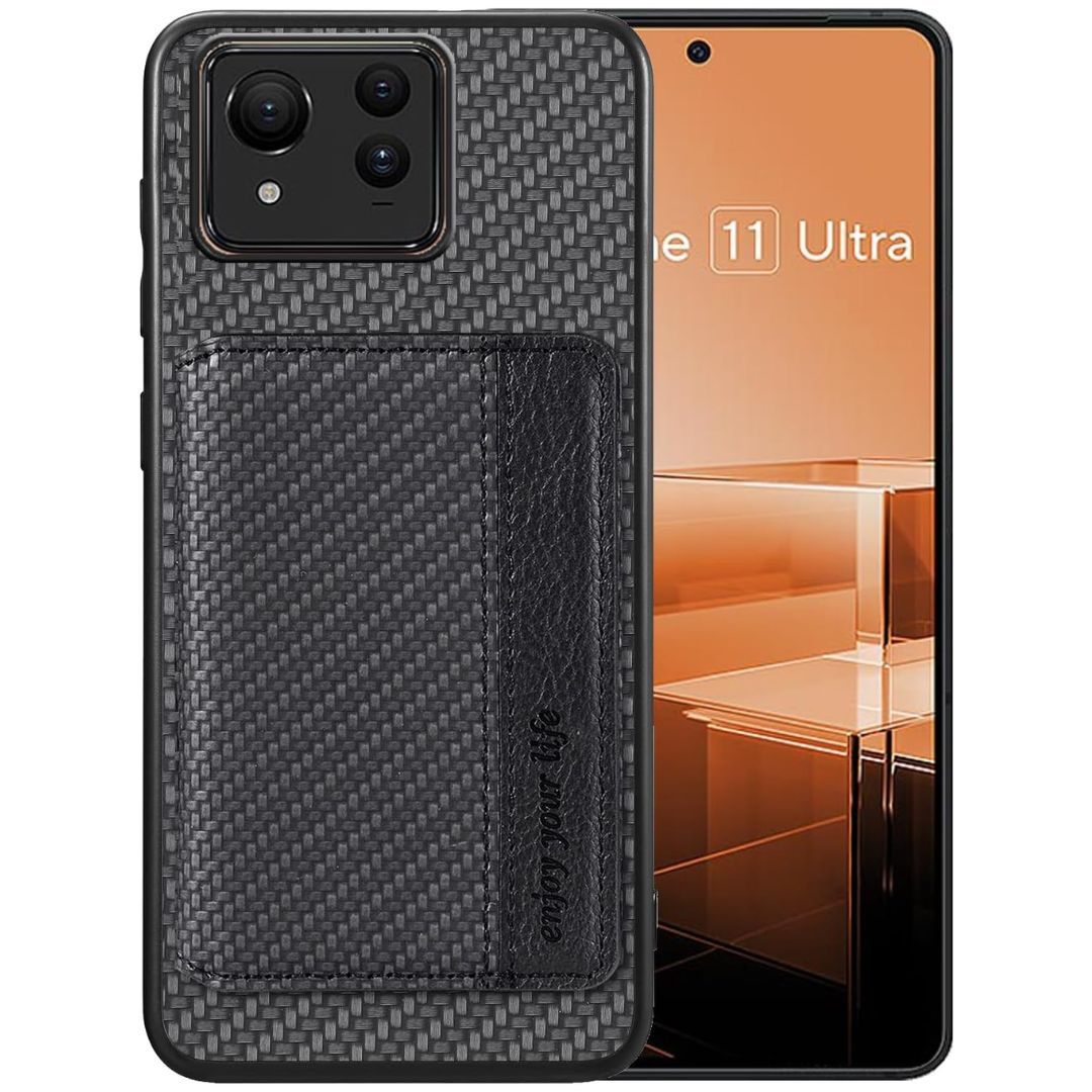 Asus Zenfone 11 Ultra with a carbon fiber-looking case with a card holder on its back