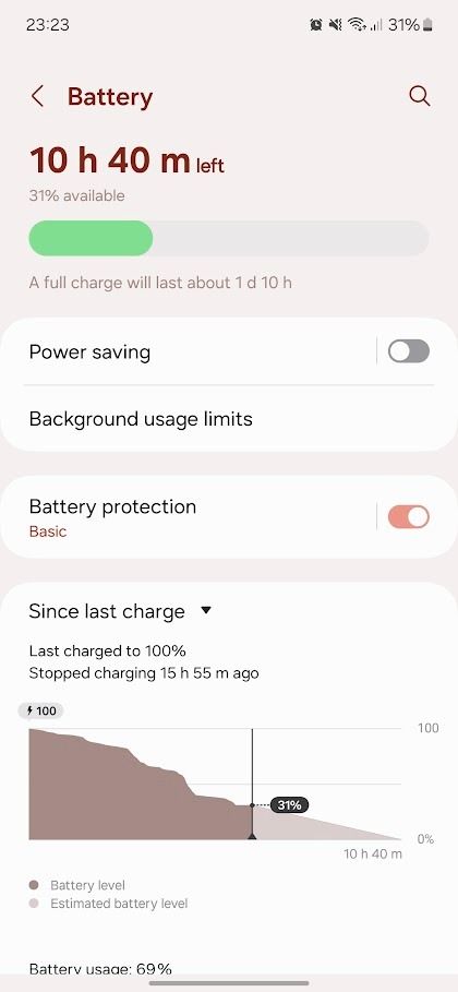 battery life page on a galaxy a35 phone