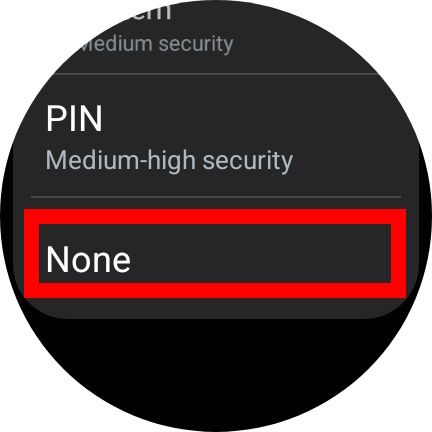 red rectangle outline over the none option in lock type settings displayed on a samsung galaxy watch 6