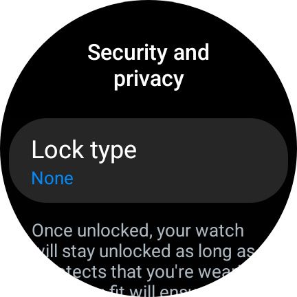 security and privacy setting set to none for lock type on samsung galaxy watch 6