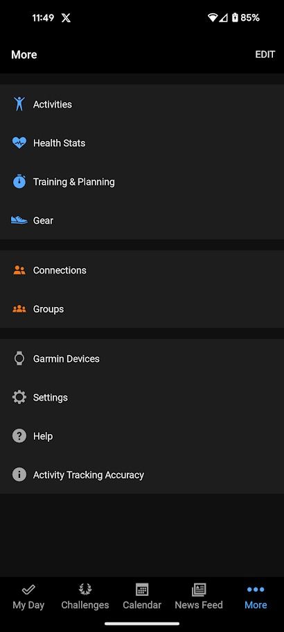 garmin connect app settings screen