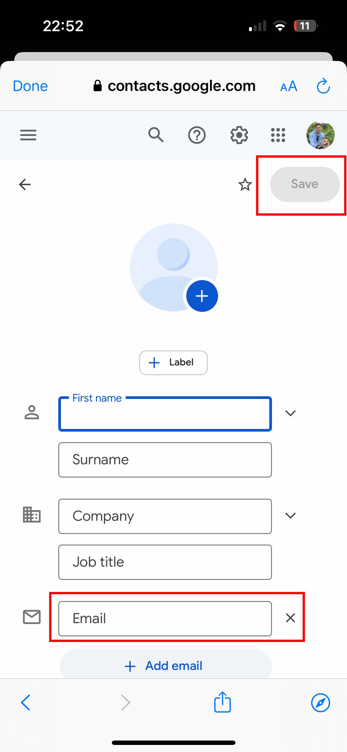 Mobile screen showing a contact save interface with a 