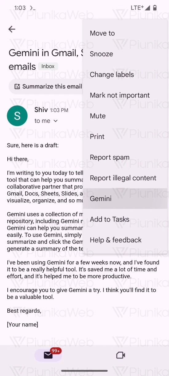 Gmail Android menu with three dots Gemini