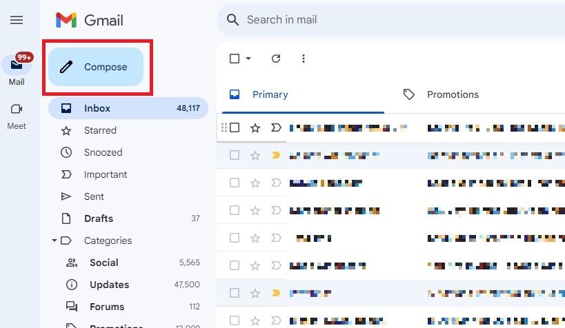 Screenshot highlighting the Compose button in Gmail for desktop