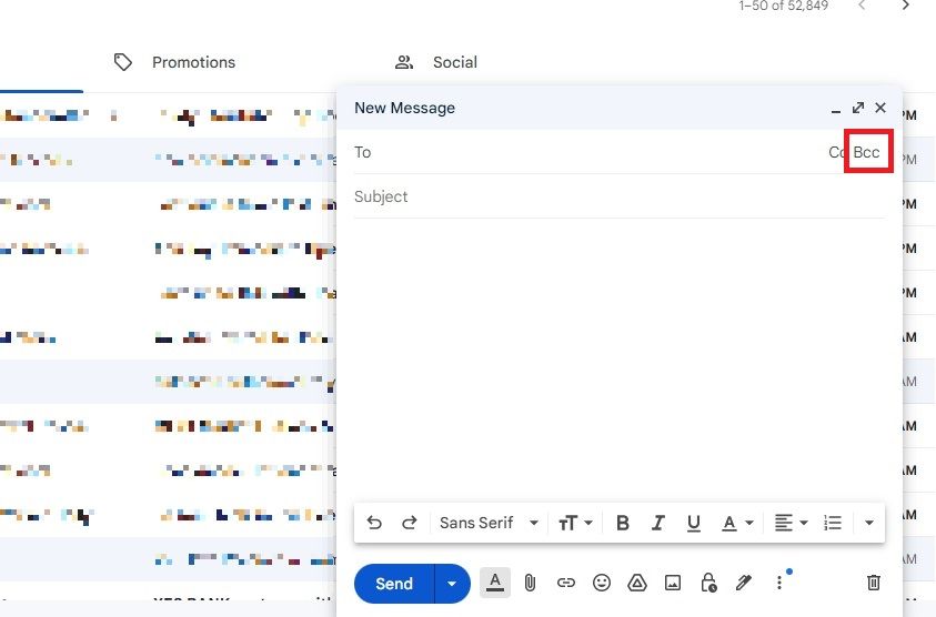 Screenshot highlighting the Bcc option in Gmail for desktop