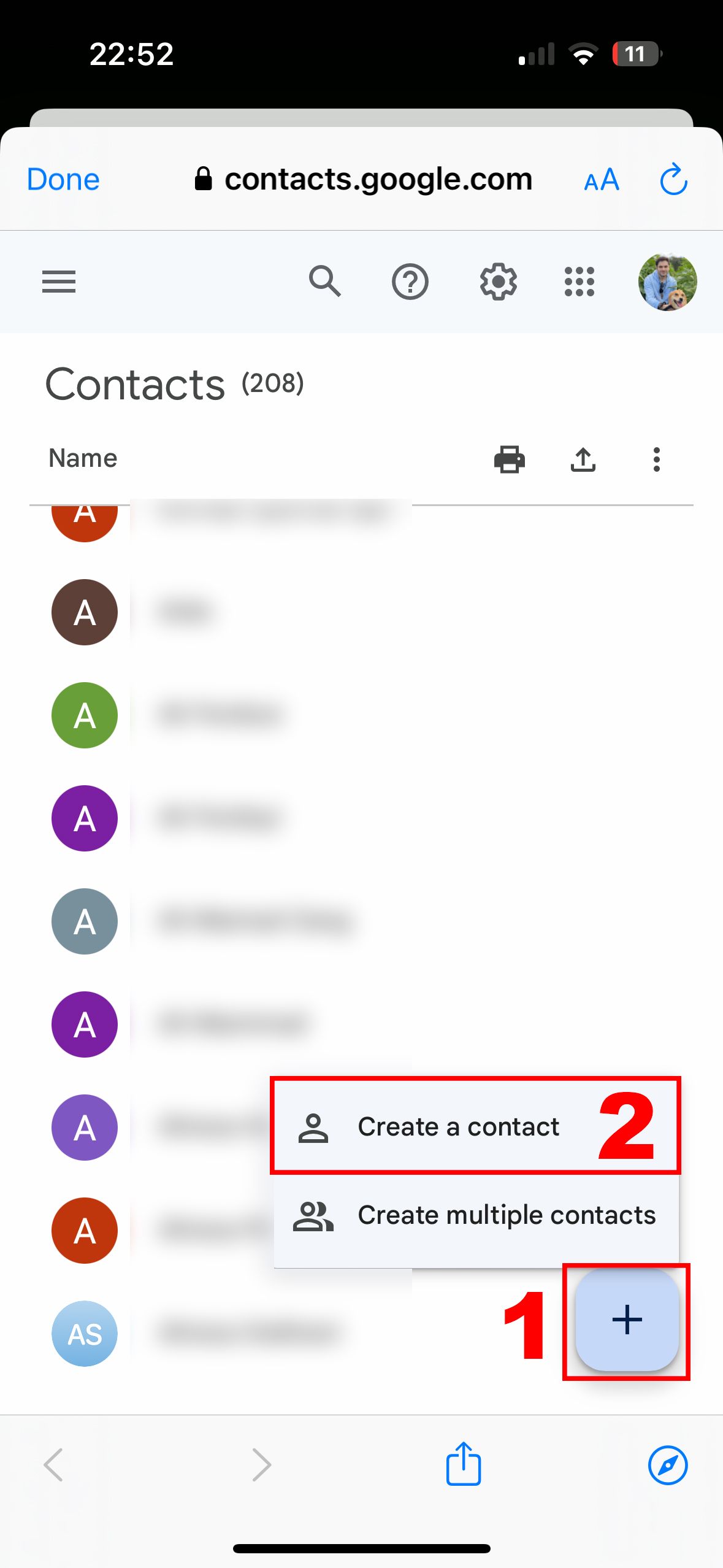 Mobile screen displaying the contact list in Google Contacts with options to add new contacts.