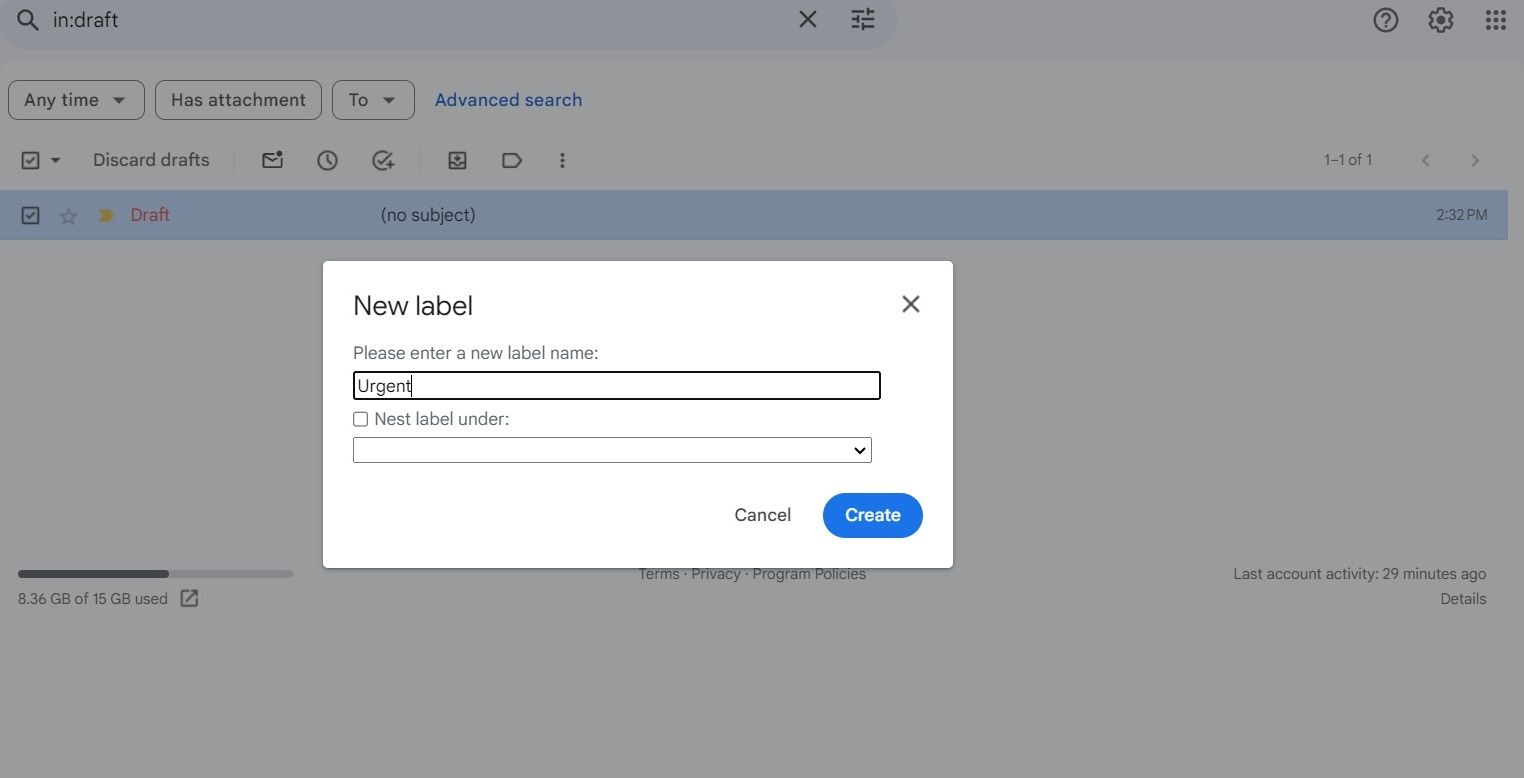 A screenshot of Gmail showing how to create a new label